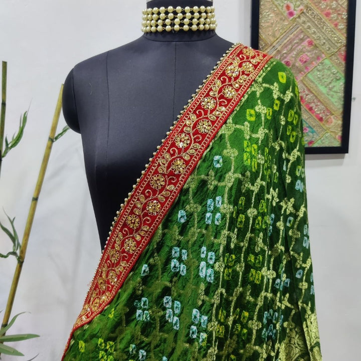 anokherang Dupattas Bridal Green Silk Bandhani Red Border Embroidered Dupatta