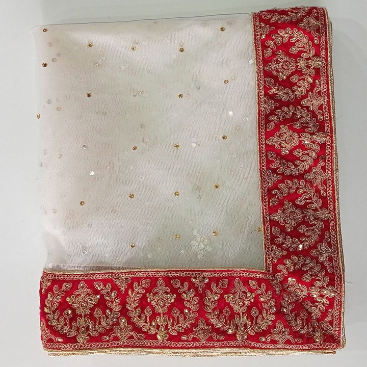 anokherang Dupattas Bridal Ivory Embroidered Net Dupatta with Red Stone Border