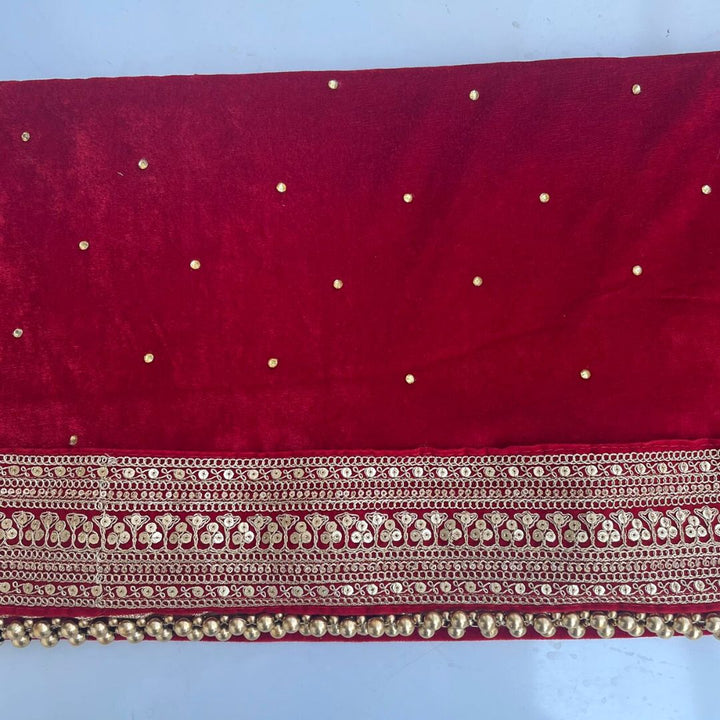 anokherang Dupattas Bridal Maharani Red Stone Zari Embroidered Velvet Dupatta