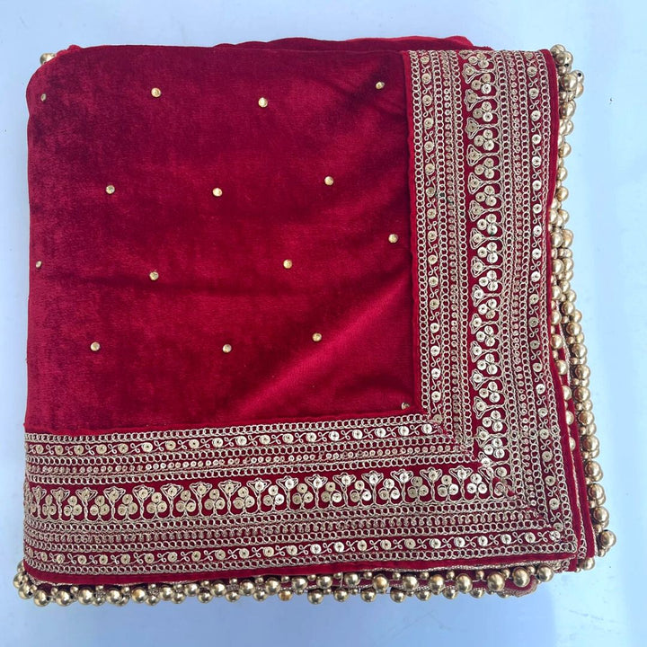 anokherang Dupattas Bridal Maharani Red Stone Zari Embroidered Velvet Dupatta