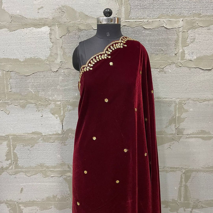 anokherang Dupattas Bridal Maroon Beauty Hand Embroidered Scalloped Velvet Dupatta