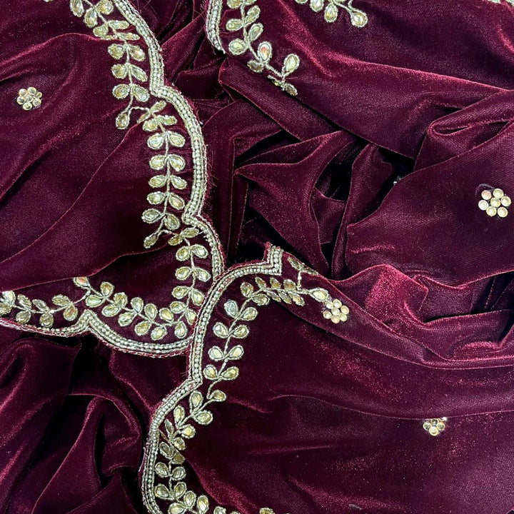 anokherang Dupattas Bridal Maroon Beauty Hand Embroidered Scalloped Velvet Dupatta