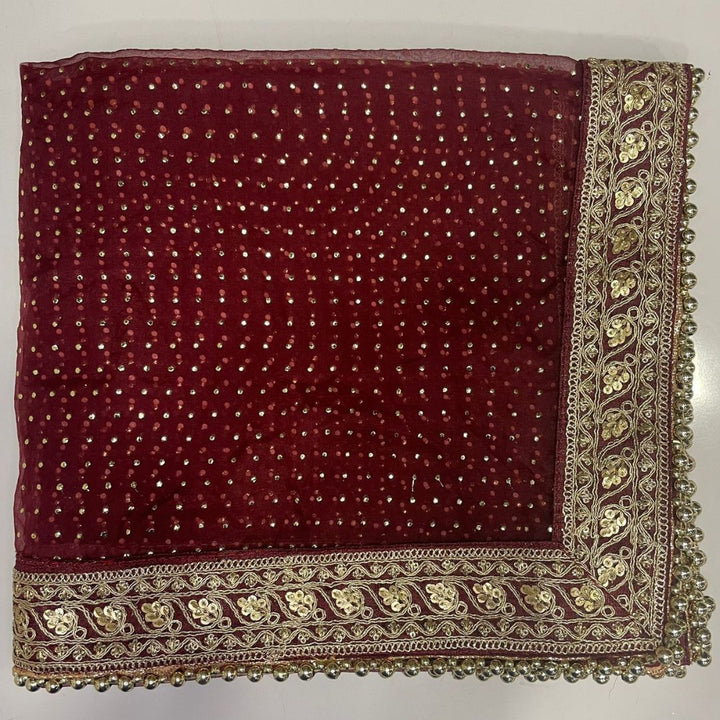 anokherang Dupattas Bridal Maroon Love Foil Zari Embroidered Organza Dupatta