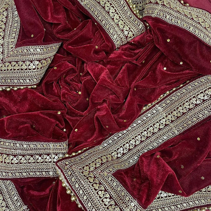anokherang Dupattas Bridal Maroon Stone Zari Embroidered Velvet Dupatta