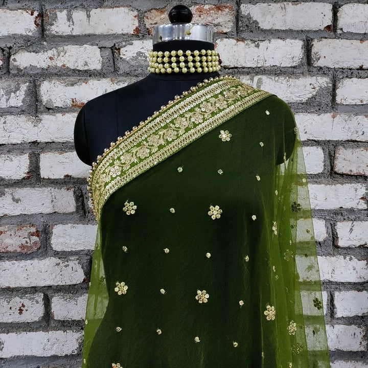 anokherang Dupattas Bridal Mehendi Green with Sequin Embroidered Net Dupatta