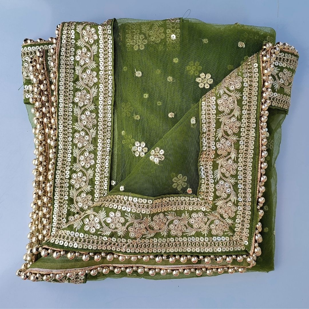Bottle Green Embroidered Net Dupatta With Sequinned main image 0