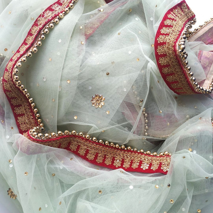 anokherang Dupattas Bridal Mint Green Stone Net Dupatta with Hot Pink Border