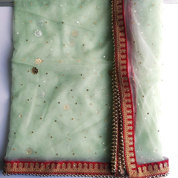 anokherang Dupattas Bridal Mint Green Stone Net Dupatta with Hot Pink Border
