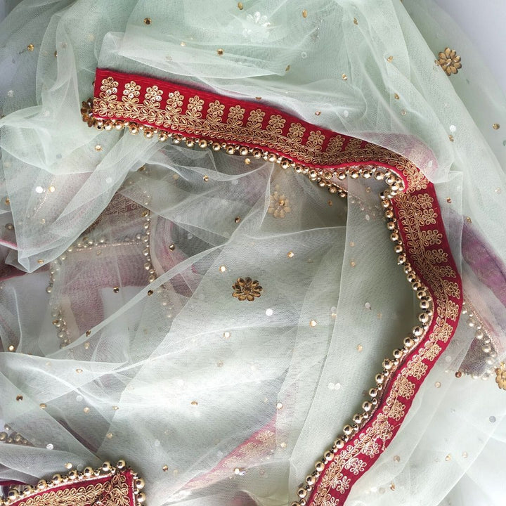 anokherang Dupattas Bridal Mint Green Stone Net Dupatta with Hot Pink Border
