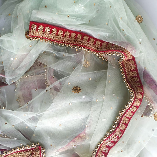 Sequenced Pink Bridal Mask with Mint Green Stone Net Bridal Dupatta with Hot Pink Border