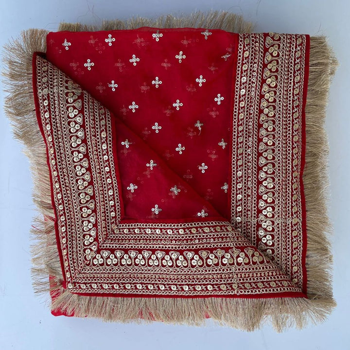 anokherang Dupattas Bridal Pakeeza Red Embroidered Fringed Organza Dupatta