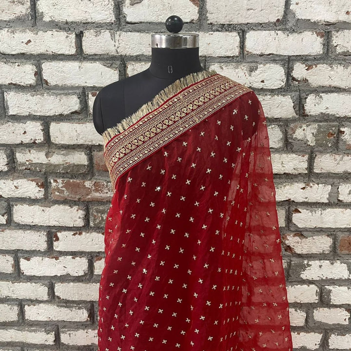anokherang Dupattas Bridal Pakeeza Red Embroidered Fringed Organza Dupatta