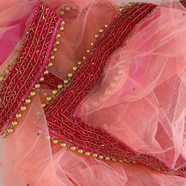 anokherang Dupattas Bridal Peach Pink Hand Embroidered Net Dupatta