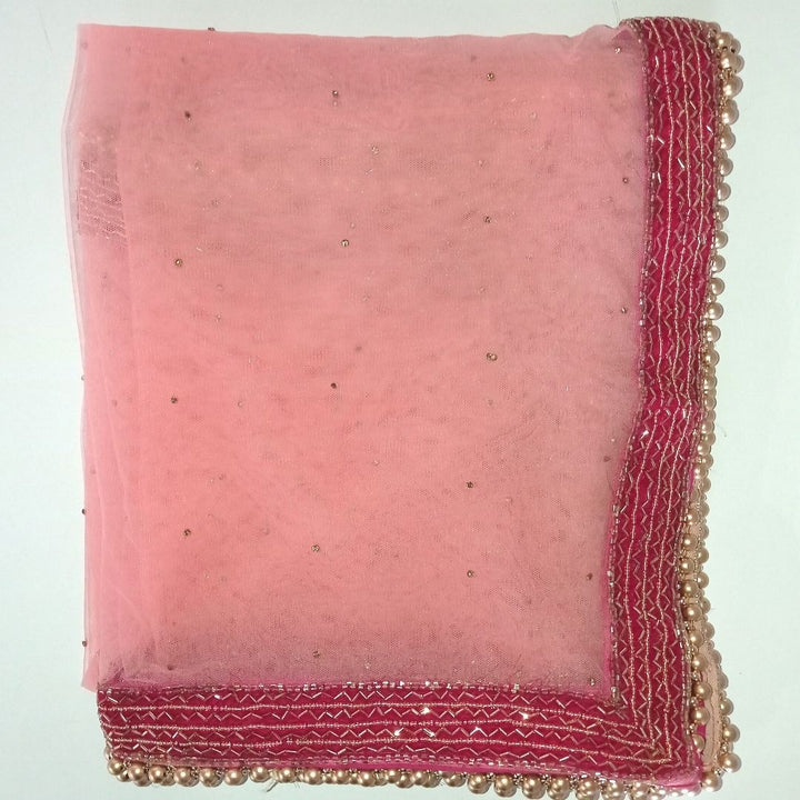 anokherang Dupattas Bridal Peach Pink Hand Embroidered Net Dupatta