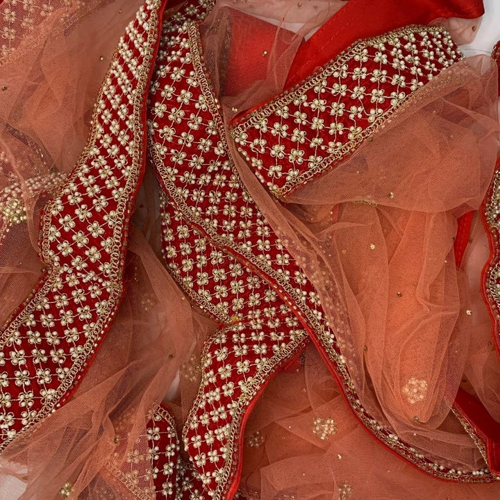 anokherang Dupattas Bridal Peach Red Pearl Embroidered Net Dupatta