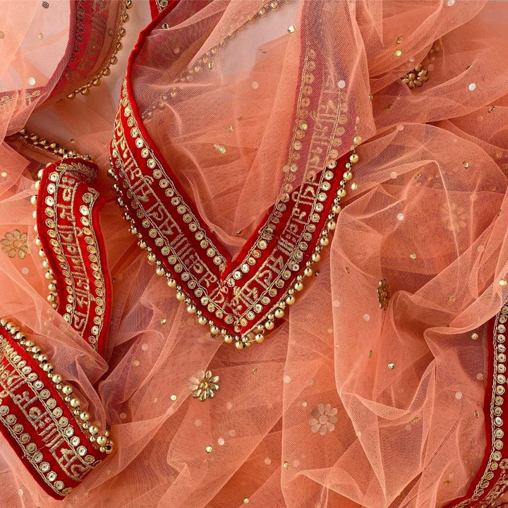 anokherang Dupattas Bridal Peach Red Stone Saubhagyavati Net Dupatta