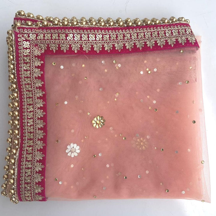 anokherang Dupattas Bridal Peach Stone Velvet Embroidered Net Dupatta