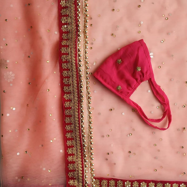 Sequenced Pink Bridal Mask with Peach Stone Velvet Embroidered Net Bridal Dupatta