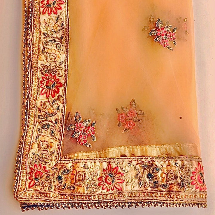 anokherang Dupattas Bridal Peach with Multi color Embroidered Net Dupatta