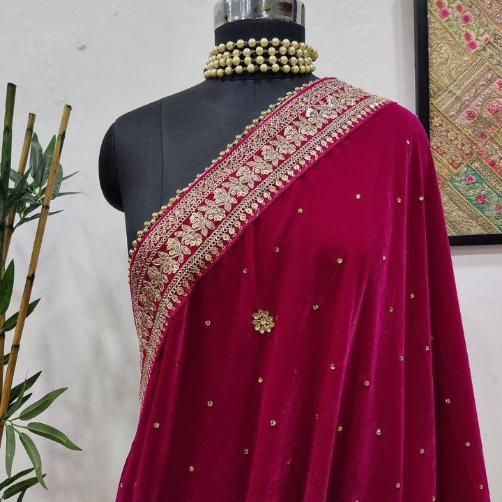 anokherang Dupattas Bridal Pink Stone Thread Embroidered Velvet Dupatta