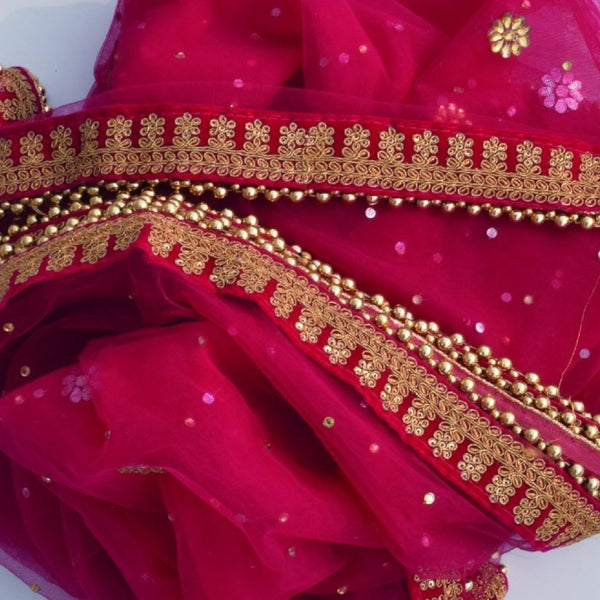 Bridal Pink Stone ThreadWork Border Net Dupatta