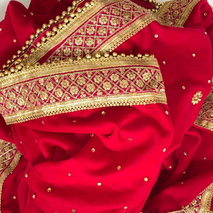anokherang Dupattas Bridal Pink Zari and Stone Embroidered Velvet Dupatta