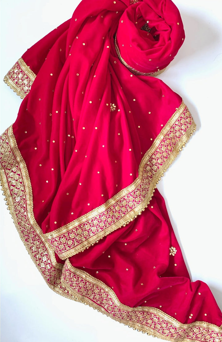 anokherang Dupattas Bridal Pink Zari and Stone Embroidered Velvet Dupatta