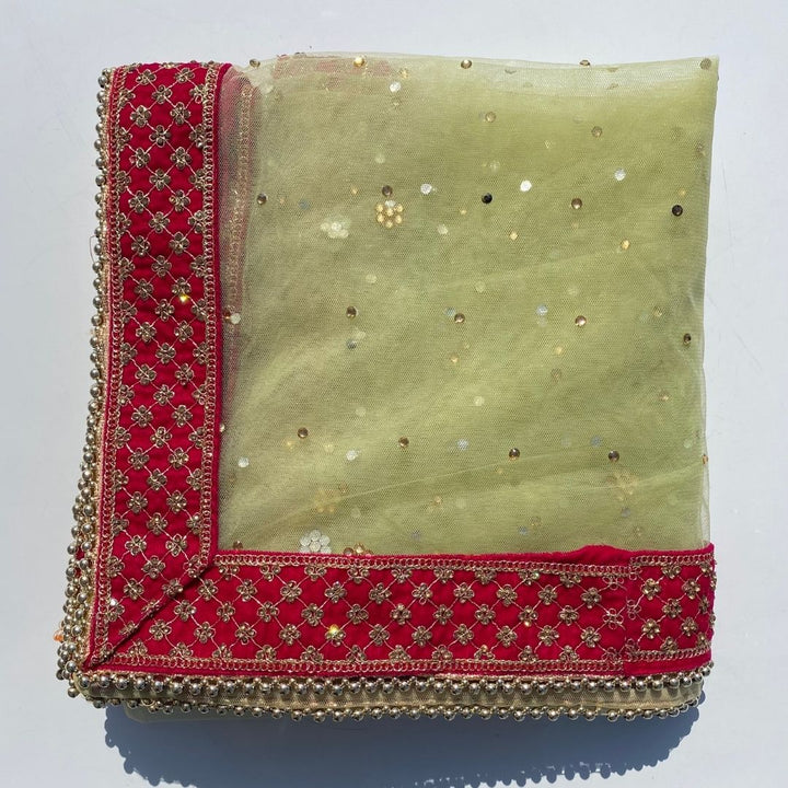 anokherang Dupattas Bridal Pista Green Magenta Stone Net Dupatta