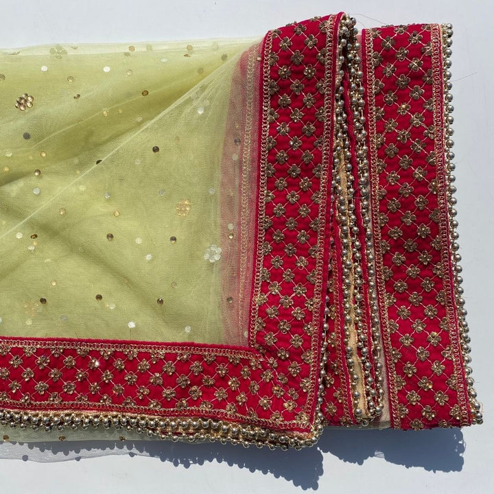 anokherang Dupattas Bridal Pista Green Magenta Stone Net Dupatta