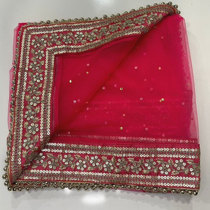 anokherang Dupattas Bridal Prism Pink Stone Emboidered Border Net Dupatta