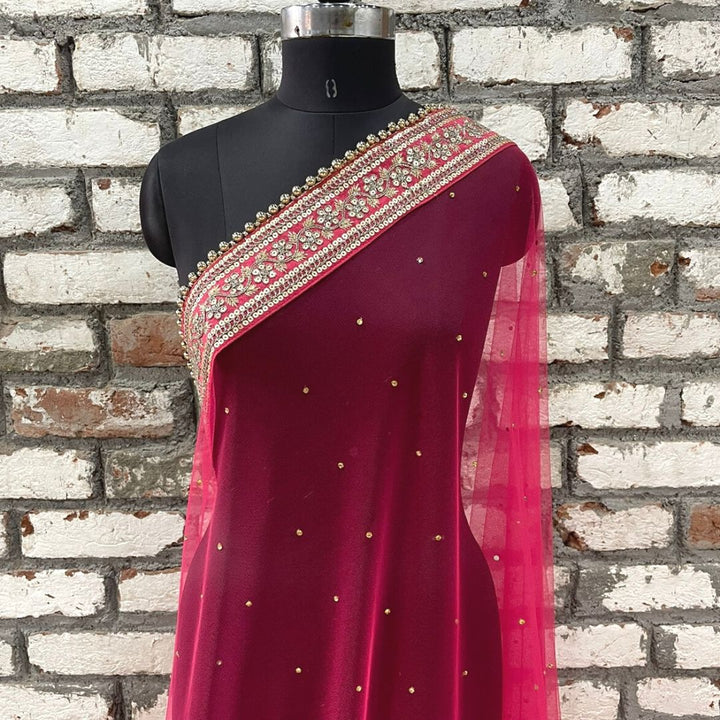 anokherang Dupattas Bridal Prism Pink Stone Emboidered Border Net Dupatta
