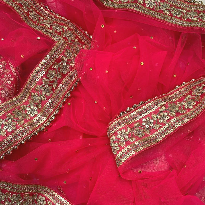 anokherang Dupattas Bridal Prism Pink Stone Emboidered Border Net Dupatta