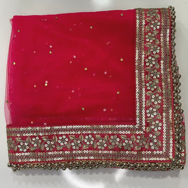 anokherang Dupattas Bridal Prism Pink Stone Emboidered Border Net Dupatta