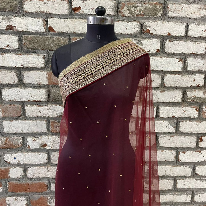 anokherang Dupattas Bridal Queen Maroon Embroidered Fringed Net Dupatta