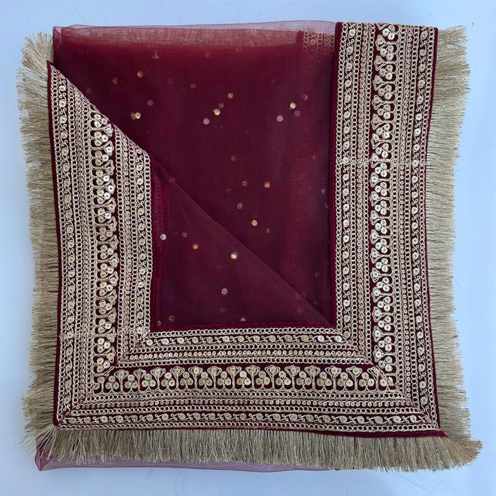 anokherang Dupattas Bridal Queen Maroon Embroidered Fringed Net Dupatta