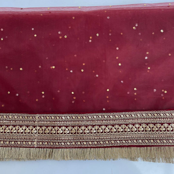 anokherang Dupattas Bridal Queen Maroon Embroidered Fringed Net Dupatta