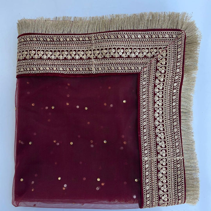 anokherang Dupattas Bridal Queen Maroon Embroidered Fringed Net Dupatta