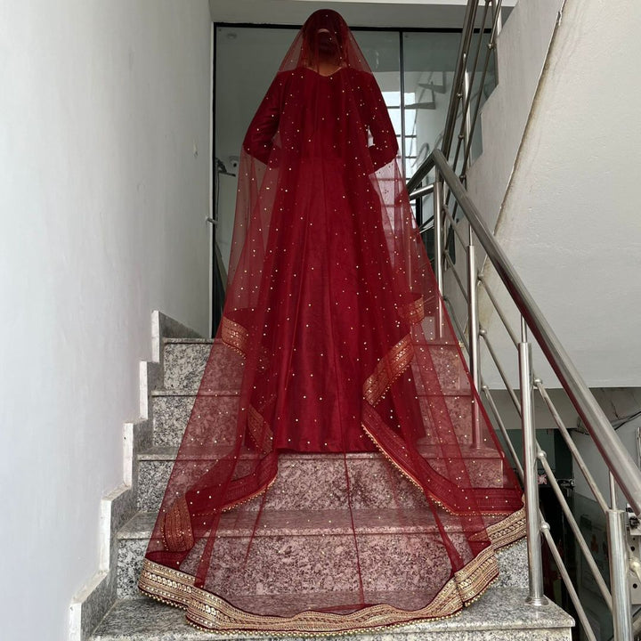 anokherang Dupattas Bridal Queen Maroon Trail Net Stone Embroidered Net Dupatta