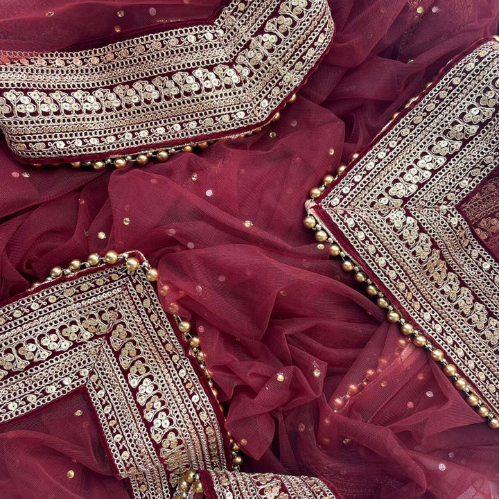 anokherang Dupattas Bridal Queen Maroon Trail Net Stone Embroidered Net Dupatta