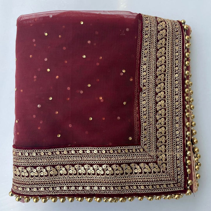 anokherang Dupattas Bridal Queen Maroon Trail Net Stone Embroidered Net Dupatta