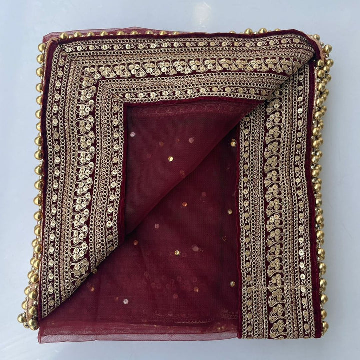 anokherang Dupattas Bridal Queen Maroon Trail Net Stone Embroidered Net Dupatta