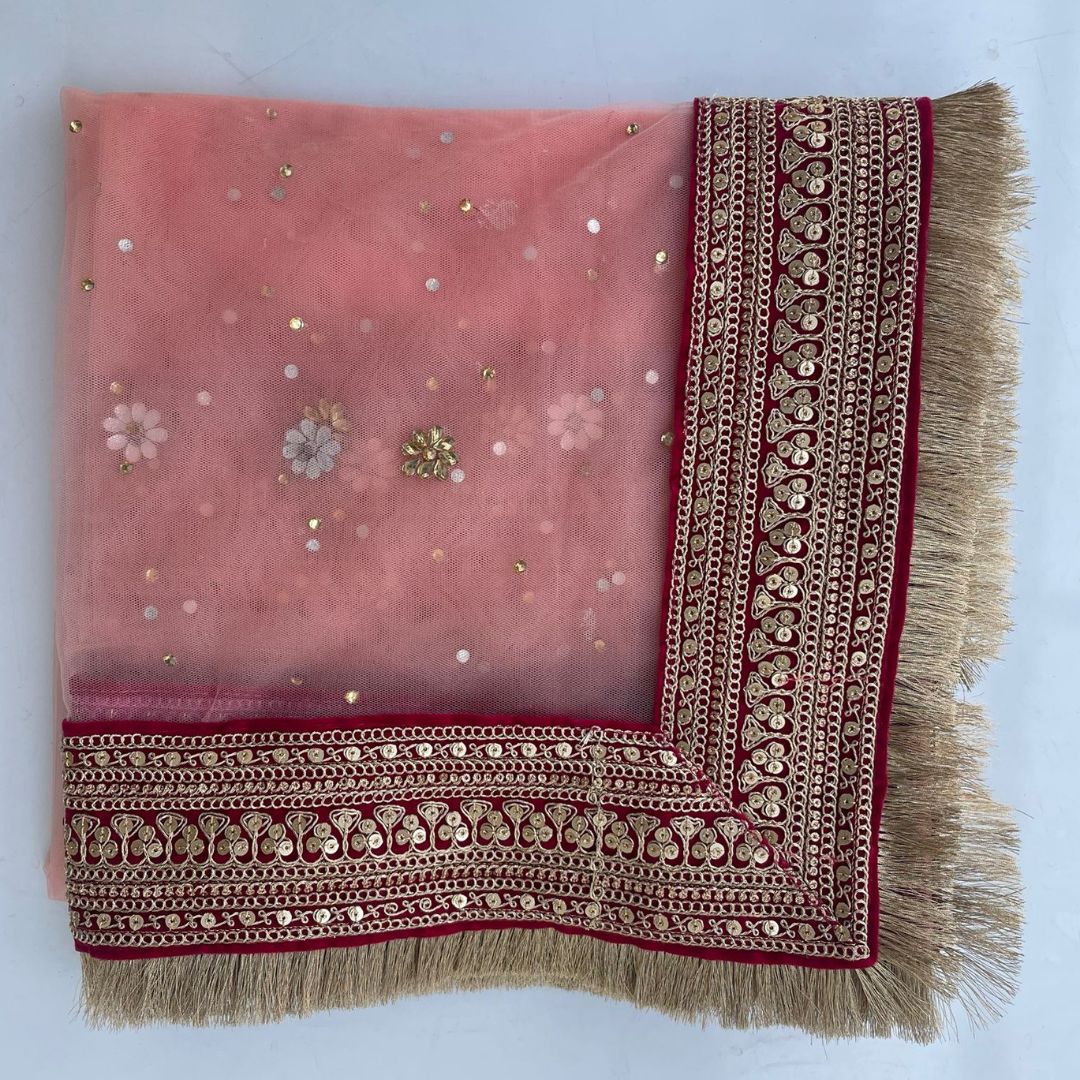 Bridal Queen Peach Stone Embroidered Fringed Net Dupatta – anokherang