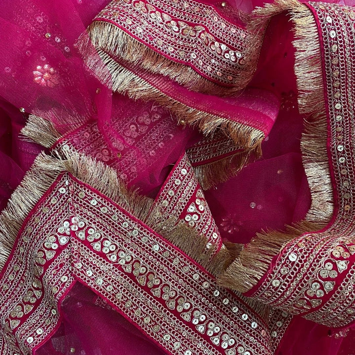 anokherang Dupattas Bridal Queen Pink Embroidered Fringed Net Dupatta