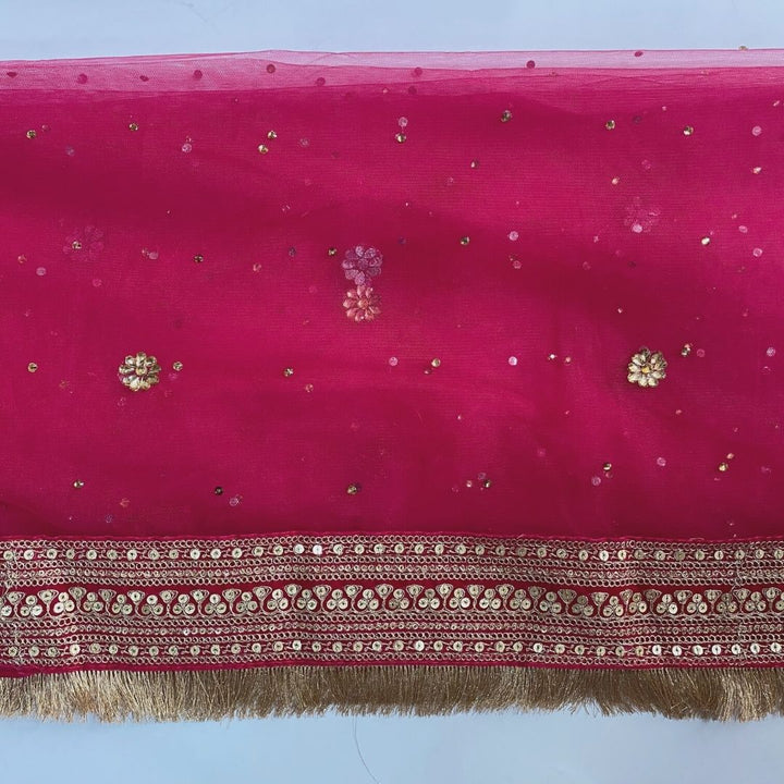 anokherang Dupattas Bridal Queen Pink Embroidered Fringed Net Dupatta