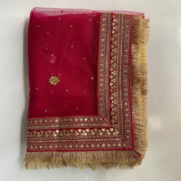 anokherang Dupattas Bridal Queen Pink Embroidered Fringed Net Dupatta