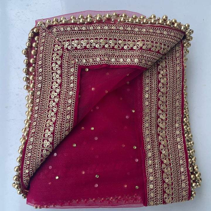anokherang Dupattas Bridal Queen Pink Trail Net Stone Embroidered Fringed Net Dupatta