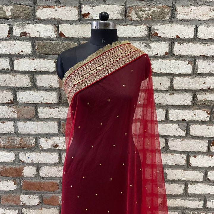 anokherang Dupattas Bridal Queen Red Stone Embroidered Fringed Net Dupatta