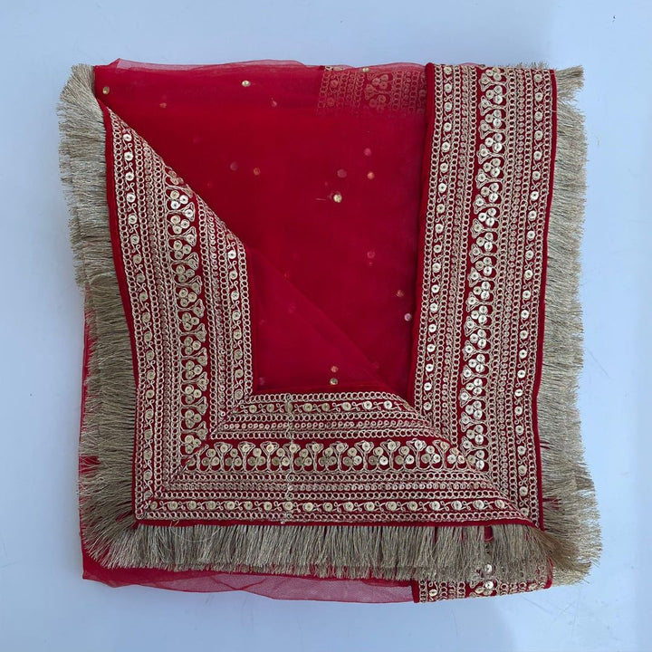 anokherang Dupattas Bridal Queen Red Stone Embroidered Fringed Net Dupatta