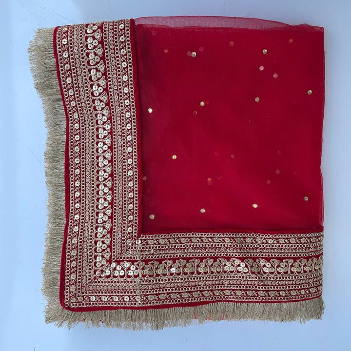 anokherang Dupattas Bridal Queen Red Stone Embroidered Fringed Net Dupatta