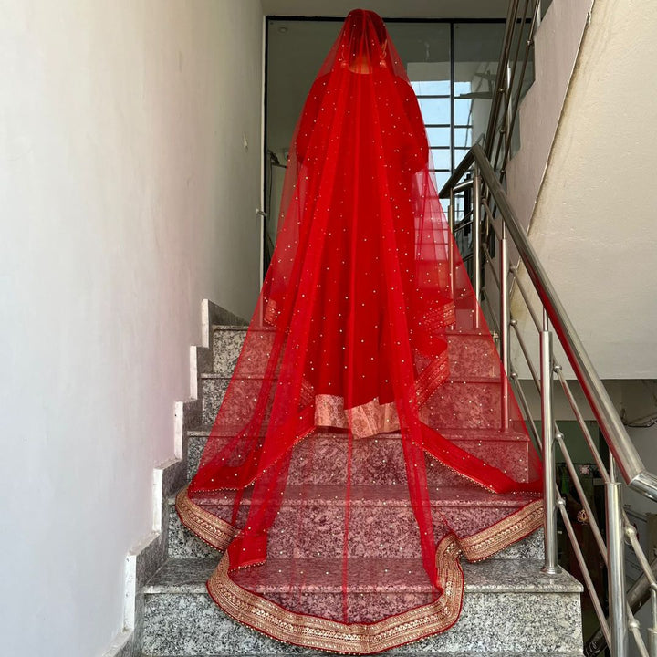 anokherang Dupattas Bridal Queen Red Trail Net Stone Embroidered Fringed Net Dupatta